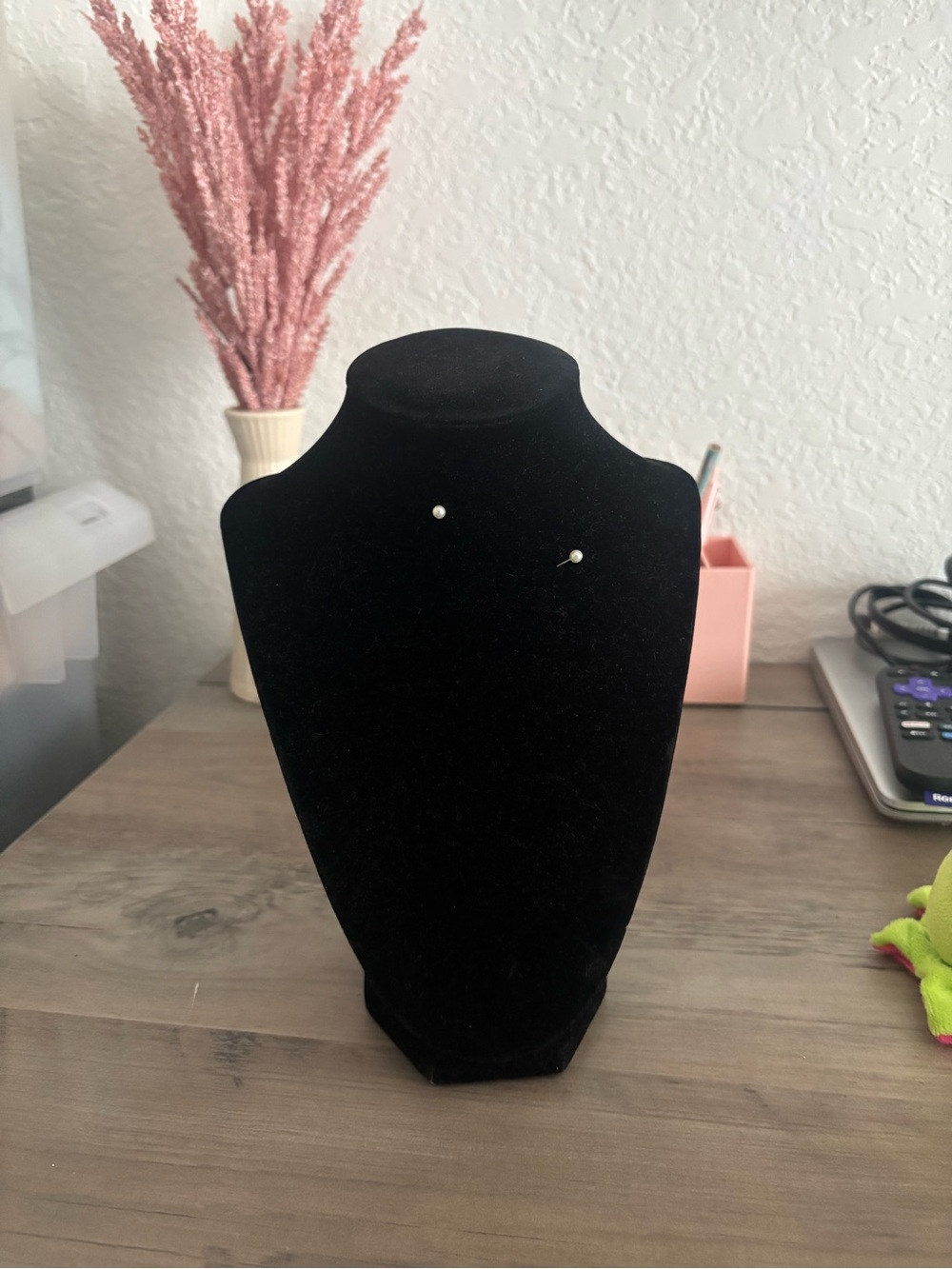 Black Velvet Jewelry Display Bust with some pins in it